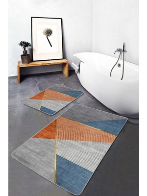 Rem Home Remhome Gold - Turuncu Zeminde Çizgili Motifli Geometrik Geometrik Modern 2'li Banyo & Mutfak Paspas Takımı Takım Banyo Paspası