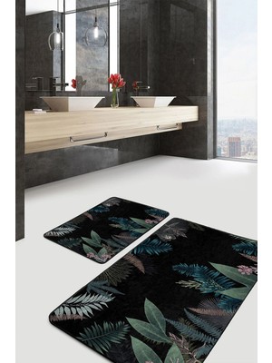 Rem Home Remhome Siyah Zeminde Çiçek Motifli Yapraklar Desenli Floral Sade & Şık 2'li Banyo & Mutfak Paspas Takımı Takım Banyo Paspası