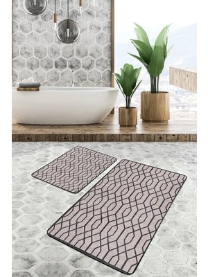 Rem Home Remhome 2'li Set Kahverengi Zeminde Geometrik Motifli Örgü Geometrik Sade & Şık 2'li Banyo Paspas Takımı Takım Banyo Paspası