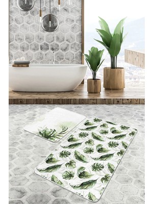 Rem Home Remhome Beyaz Zemin Yeşil Tropik Yaprak Motifli 2'li Kaymaz Tabanlı Banyo & Mutfak Paspas Takımı Takım Banyo Paspası
