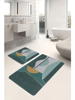Rem Home Remhome Yeşil Zeminde Geometrik Motifli Kanvas Desenli Geometrik Modern 2'li Banyo & Mutfak Paspas Takımı Takım Banyo Paspası