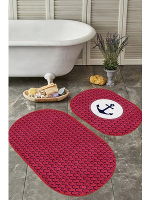 Rem Home Remhome Bordo Zemin Lacivert Dalga Detaylı Özel Tasarım 2'li Oval Kaymaz Tabanlı Banyo & Mutfak Paspas Seti Takım Banyo Paspası