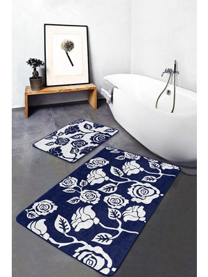 Rem Home Remhome Lacivert Beyaz Gül Tasarımlı 2'li Mutfak Paspası Takımı & Banyo Paspas Seti Takım Banyo Paspası