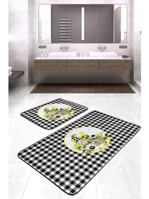 Rem Home Remhome Siyah Ekose Motifli Limon Temalı 2'li Banyo Paspas Takımı & Mutfak Paspas Seti Takım Banyo Paspası