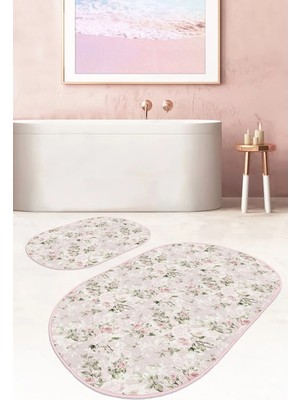 Rem Home Remhome Pembe Zemin Gül Motifleri Dijital Baskılı 2'li Oval Kaymaz Tabanlı Banyo & Mutfak Paspas Takımı Takım Banyo Paspası