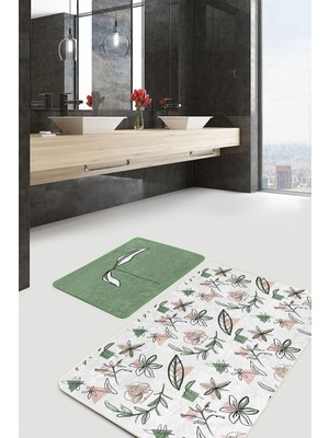 Rem Home Remhome Tropik Çiçek Tasarımlı 2'li Mutfak Paspas Takımı & Banyo Halı Seti Takım Banyo Paspası