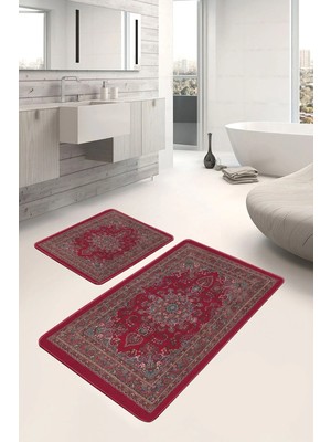 Rem Home Remhome 2'li Kırmızı Zeminde Antik Motifli Pers Desenli Avangarde Klasik 2'li Banyo & Mutfak Paspas Takımı Takım Banyo Paspası