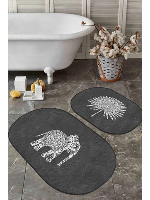 Rem Home Remhome Siyah Zemin Etnik Fil Motifli 2'li Oval Banyo & Mutfak Paspas Takımı Klozet Paspas Seti Takım Banyo Paspası