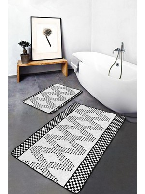 Rem Home Remhome Siyah Beyaz Iskandinav Motifli 2'li Klozet Paspas Takımı & Banyo Halı Seti Takım Banyo Paspası