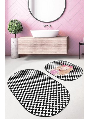 Rem Home Remhome Popcake Kız Motifli Dama Temalı 2'li Oval Kaymaz Tabanlı Banyo & Mutfak Paspas Takımı Takım Banyo Paspası