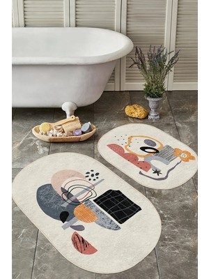 Rem Home Remhome Soyut Tasarımlı Dijital Baskılı 2'li Oval Kaymaz Tabanlı Banyo & Mutfak Paspas Takımı Takım Banyo Paspası