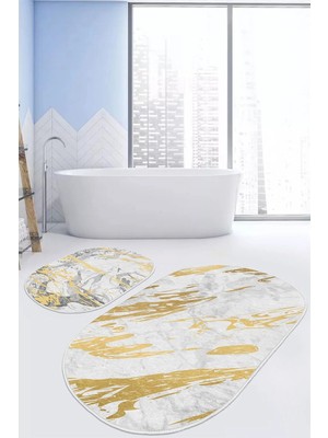 Rem Home Remhome Mermer Tasarımlı Gold Detaylı Dijital Baskılı 2'li Oval Kaymaz Tabanlı Banyo & Mutfak Paspas Takımı Takım Banyo Paspası