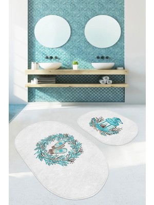 Rem Home Remhome Yılbaşı Temalı Mavi Çelekli Dijital Baskılı 2'li Oval Kaymaz Tabanlı Banyo & Mutfak Paspas Takımı Takım Banyo Paspası