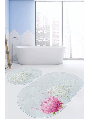 Rem Home Remhome Mavi Zemin Ortanca Çiçekleri Dijital Baskılı 2'li Oval Kaymaz Tabanlı Banyo & Mutfak Paspas Takımı Takım Banyo Paspası