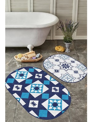 Rem Home Remhome Geometrik Lacivert Çizimli 2'li Oval Kaymaz Tabanlı Banyo Halı Takılı & Klozet Paspas Seti Takım Banyo Paspası