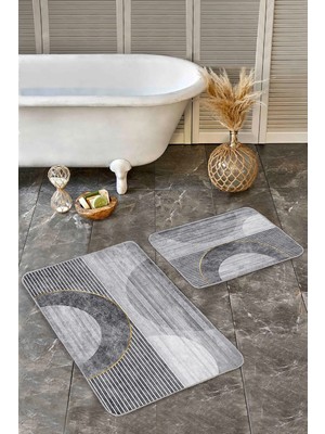 Rem Home Remhome Gri Zeminde Çizgili Motifli Geometrik Desenli Geometrik Klasik 2'li Banyo & Mutfak Paspas Takımı Takım Banyo Paspası