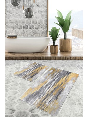 Rem Home Remhome Altın - Füme Zeminde Kanvas Motifli Modern Sanat Eskitme Motifli Klasik 2'li Banyo Paspas Takımı Takım Banyo Paspası