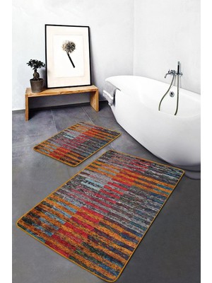 Rem Home Remhome Kırmızı - Turuncu Zeminde Patchwork Motifli Kilim Vintage Klasik 2'li Banyo & Mutfak Paspas Takımı Takım Banyo Paspası