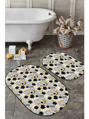 Rem Home Remhome Gold Detaylı Sonbahar Yaprakları Özel Tasarımlı 2'li Oval Kaymaz Tabanlı Banyo & Mutfak Paspas Seti Takım Banyo Paspası