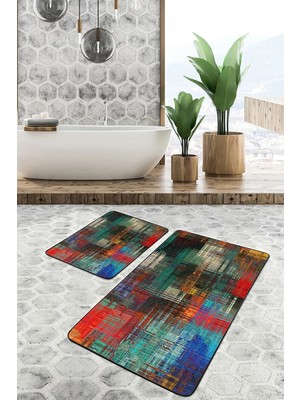 Rem Home Remhome Çok Renkli Zeminde Yağlı Boya Motifli Modern Sanat Modern Klasik 2'li Banyo & Mutfak Paspas Takımı Takım Banyo Paspası