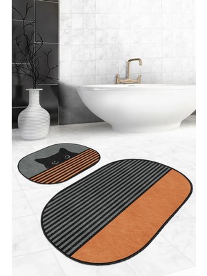 Rem Home Remhome Turuncu Çizgili Kedi Motifli 2'li Oval Kaymaz Tabanlı Banyo Mutfak Paspas Takımlı Klozet Seti Takım Banyo Paspası