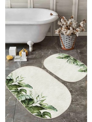 Rem Home Remhome Krem Zeminli Yeşil Tropik Yapraklar Özel Tasarım 2'li Oval Kaymaz Tabanlı Banyo & Mutfak Paspas Seti Takım Banyo Paspası