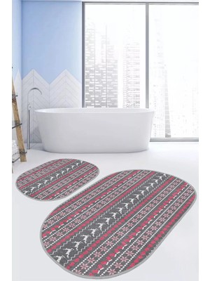 Rem Home Remhome Kanaviçe Motifli Geyik Yılbaşı Temalı 2'li Oval Kaymaz Tabanlı Banyo & Mutfak Paspas Takımı Takım Banyo Paspası