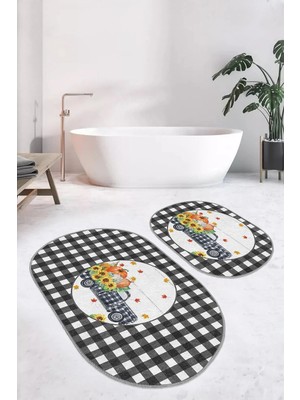 Rem Home Remhome Siyah Ekose Kabak Motifli 2'li Oval Kaymaz Tabanlı Mutfak Paspas Seti & Banyo Klozet Paspas Seti Takım Banyo Paspası