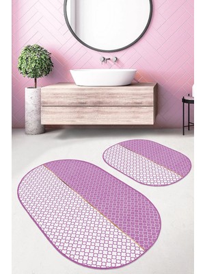 Rem Home Remhome Mor Ogea Motifli Dijital Baskılı 2'li Oval Kaymaz Tabanlı Banyo & Mutfak Paspas Takımı Takım Banyo Paspası