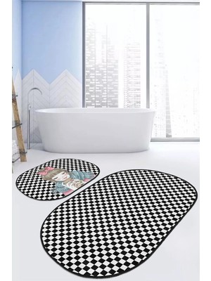 Rem Home Remhome Kahve Içen Kız Motifli Dama Temalı 2'li Oval Kaymaz Tabanlı Banyo & Mutfak Paspas Takımı Takım Banyo Paspası