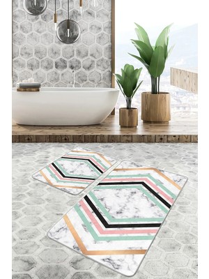 Rem Home Remhome 2'li Set Mermer Zeminde Geometrik Motifli Modern Sade & Şık Geometrik 2'li Banyo Paspas Takımı Takım Banyo Paspası