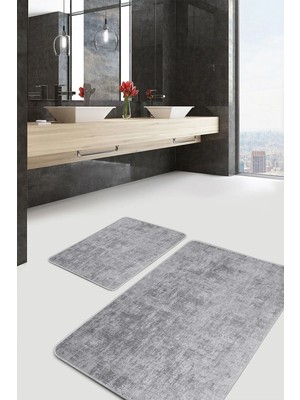 Rem Home Remhome 2'li Set Gri Zeminde Dokuma Motifli Eskitme Eskitme Motifli Sade & Şık 2'li Banyo Paspas Takımı Takım Banyo Paspası