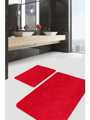 Rem Home Remhome 2'li Set Düz Renk Kırmızı 2'li Banyo & Mutfak Paspas Takımı Takım Banyo Paspası