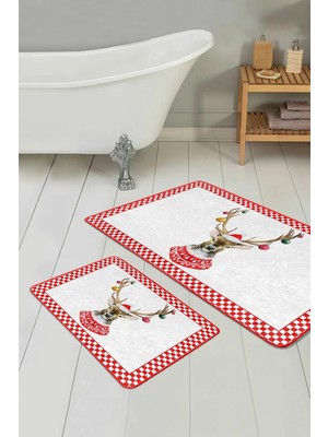 Rem Home Remhome Kırmızı Dama Çerçeveli Yılbaşı Temalı Geyik 2'li Kaymaz Tabanlı Banyo & Mutfak Paspas Takımı Takım Banyo Paspası