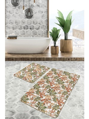Rem Home Remhome Kurumuş Kahve Yeşil Sonbahar Yaprakları 2'li Kaymaz Tabanlı Banyo & Mutfak Paspas Takımı Takım Banyo Paspası
