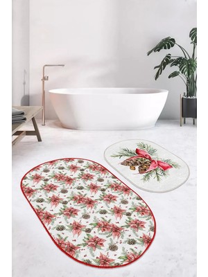 Rem Home Remhome Kırmızı Gül Kozalak Temalı Dijital Baskılı 2'li Oval Kaymaz Tabanlı Banyo & Mutfak Paspas Takımı Takım Banyo Paspası