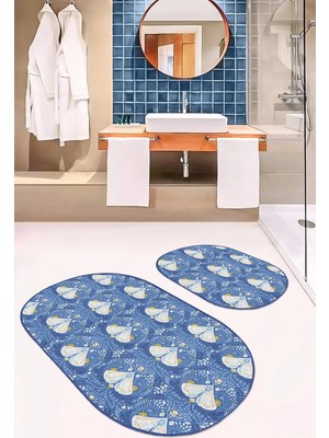 Rem Home Remhome Mavi Çini Çizimli Kelebek Dijital Baskılı 2'li Oval Kaymaz Tabanlı Banyo & Mutfak Paspas Takımı Takım Banyo Paspası
