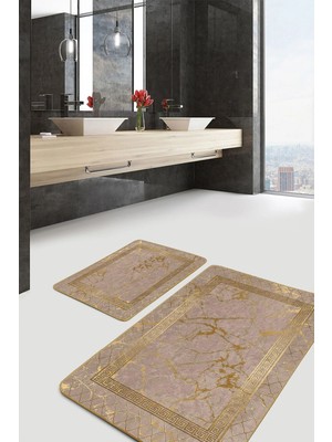 Rem Home Remhome 2'li Set Gold Zeminde Çerçeveli Motifli Geleneksel Desenli Geometrik Klasik 2'li Banyo Paspas Takımı Takım Banyo Paspası