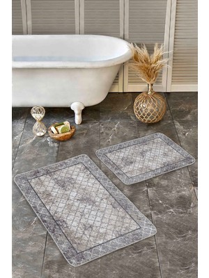 Rem Home Remhome Ekru Gri Zeminde Çerçeveli Motif Morrocan Eskitme Motifli Geometrik 2'li Banyo Mutfak Paspas Takımı Takım Banyo Paspası