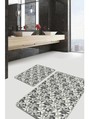 Rem Home Remhome 2'li Set Gri Zeminde Floral Motifli Çiçek Desenli Floral Modern 2'li Banyo & Mutfak Paspas Takımı Takım Banyo Paspası