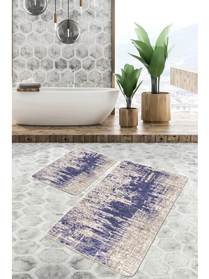 Rem Home Remhome Mavi Zeminde Örme Motifli Antik Desenli Eskitme Motifli Vintage 2'li Banyo & Mutfak Paspas Takımı Takım Banyo Paspası