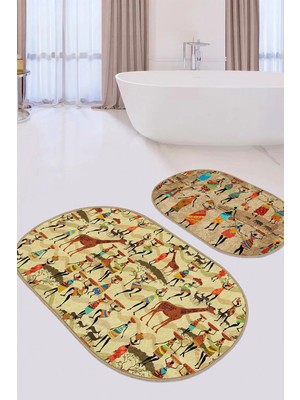 Rem Home Remhome Etnik Afrika Figürlü Dijital Baskılı 2'li Oval Kaymaz Tabanlı Banyo & Mutfak Paspas Takımı Takım Banyo Paspası