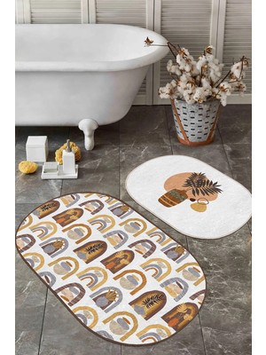 Rem Home Remhome Bohem Motifli Etnik 2'li Oval Kaymaz Tabanlı Banyo Paspas Seti & Klozet Paspas Takımı Takım Banyo Paspası