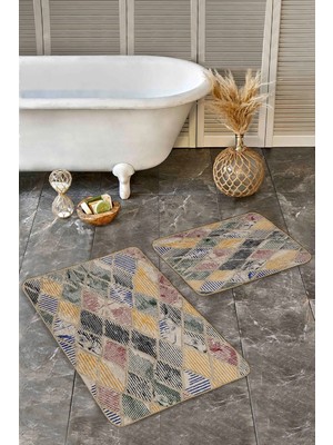 Rem Home Remhome 2'li Set Geleneksel Zeminde Kilim Motifli Patchwork Desenli Vintage Klasik 2'li Banyo Paspas Takımı Takım Banyo Paspası