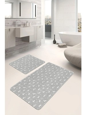 Rem Home Remhome Gri Zemin Geyik Desenli Özel Tasarım 2'li Kaymaz Tabanlı Banyo & Mutfak Paspas Takımı Takım Banyo Paspası