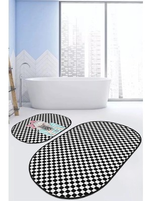 Rem Home Remhome Dama Tasarım Fotoğraf Çeken Kız Motifli 2'li Oval Kaymaz Tabanlı Banyo & Mutfak Paspas Takımı Takım Banyo Paspası