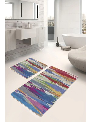Rem Home Remhome Çok Renkli Zeminde Yağlı Boya Motifli Modern Sanat Modern Sade Şık 2'li Banyo Mutfak Paspas Takımı Takım Banyo Paspası