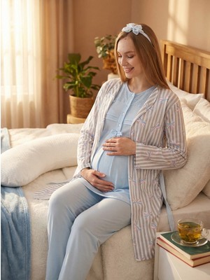 Lohussa Yeni Sezon Mavi Çizgili Şal Yaka Yazlık Düğmeli Tasarım Kısa Kol Hamile Sabahlık Pijama Takımı Seti