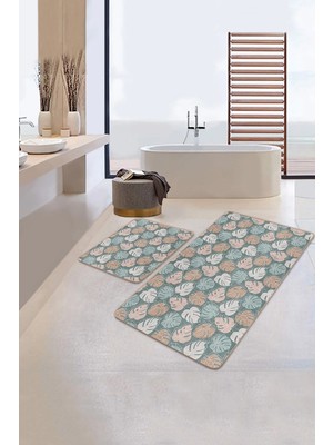 Rem Home Remhome Soyut Renkli Tropik Yapraklar Özel Tasarım 2'li Kaymaz Tabanlı Banyo & Mutfak Paspas Takımı Takım Banyo Paspası