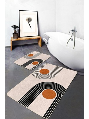 Rem Home Remhome Krem Zeminli Çizgili Özel Tasarım 2'li Kaymaz Tabanlı Banyo & Mutfak Paspas Takımı Takım Banyo Paspası